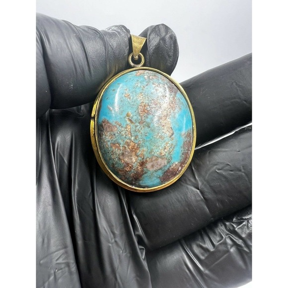 Natural Turquoise Pendant Metal Brass Handmade With Rope - Picture 5 of 11